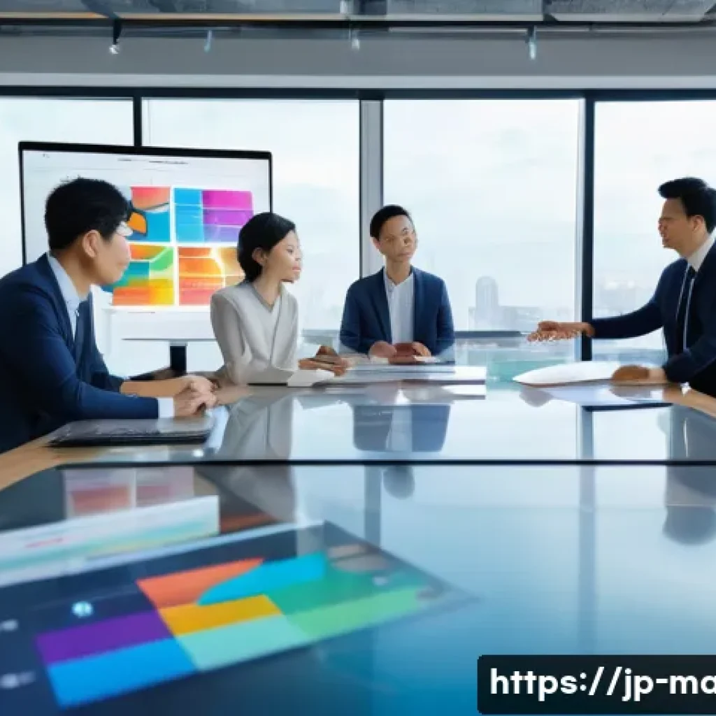 경영지도사와 최신 경영 소프트웨어 활용 - A modern office scene showing a diverse Japanese business team collaborating around a large touchscr...