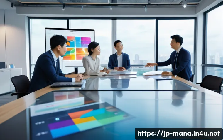 경영지도사와 최신 경영 소프트웨어 활용 - A modern office scene showing a diverse Japanese business team collaborating around a large touchscr...
