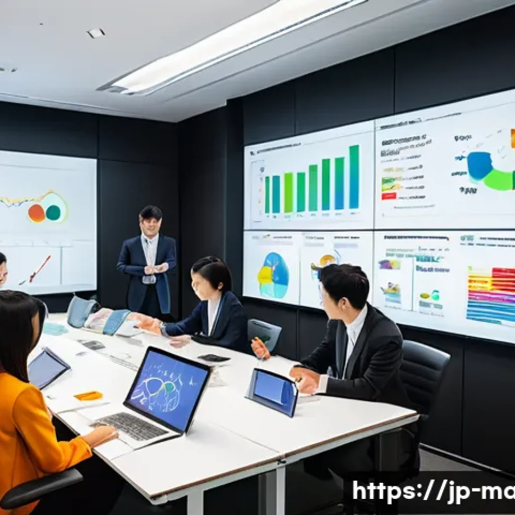 경영지도사와 경영 리스크 관리 - A modern Japanese corporate office scene showing a diverse team of employees in business attire enga...