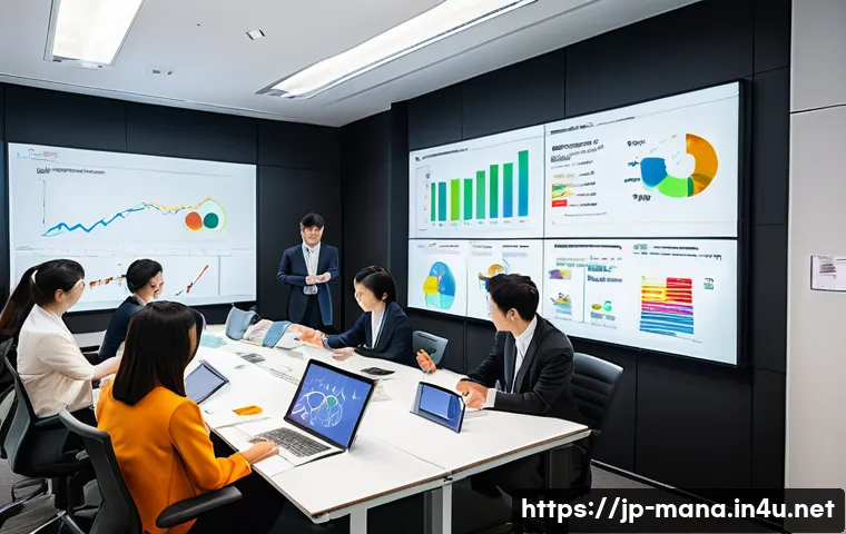경영지도사와 경영 리스크 관리 - A modern Japanese corporate office scene showing a diverse team of employees in business attire enga...