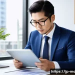 경영지도사와 사업계획서 작성 방법 - A modern Japanese entrepreneur in a stylish office setting, thoughtfully reviewing a business plan o...