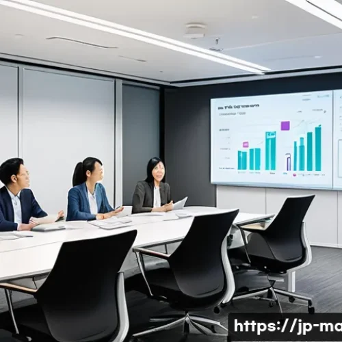 경영지도사와 기업 회생 컨설팅 - A modern Japanese office scene showing a diverse team of employees and managers engaged in an intera...