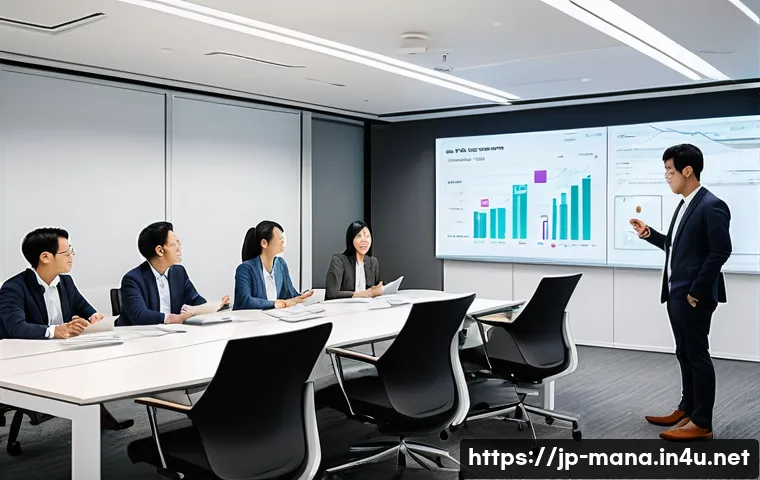 경영지도사와 기업 회생 컨설팅 - A modern Japanese office scene showing a diverse team of employees and managers engaged in an intera...