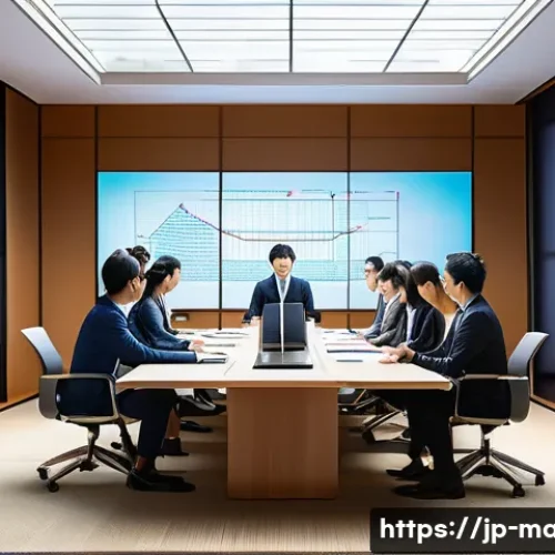 경영지도사 시험 주요 과목 정리 - A modern Japanese business office scene illustrating a strategic planning meeting focused on digital...
