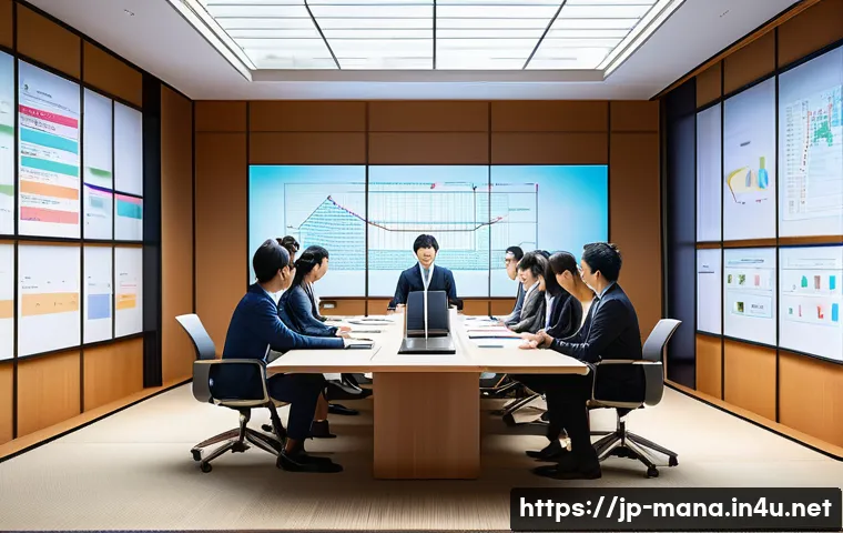 경영지도사 시험 주요 과목 정리 - A modern Japanese business office scene illustrating a strategic planning meeting focused on digital...