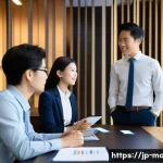 경영지도사와 신규 시장 진출 전략 - A modern Japanese business office scene showing a diverse team of professionals engaged in a detaile...