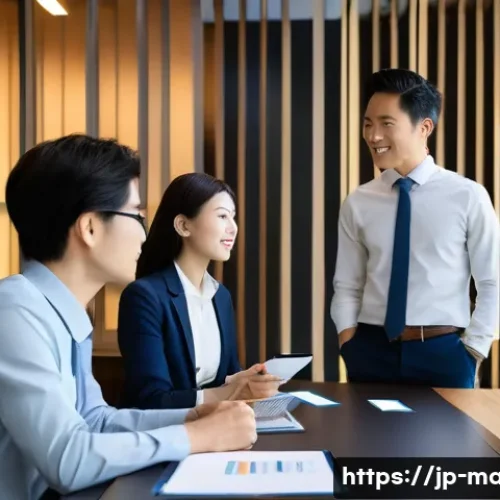 경영지도사와 신규 시장 진출 전략 - A modern Japanese business office scene showing a diverse team of professionals engaged in a detaile...