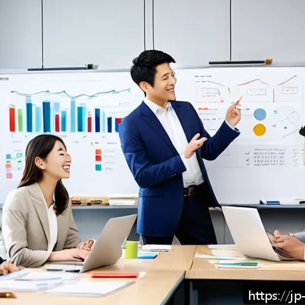 경영지도사와 경영 전환 컨설팅 사례 - A modern Japanese small-to-medium enterprise office scene showing diverse employees engaging in a li...