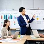 경영지도사와 경영 전환 컨설팅 사례 - A modern Japanese small-to-medium enterprise office scene showing diverse employees engaging in a li...