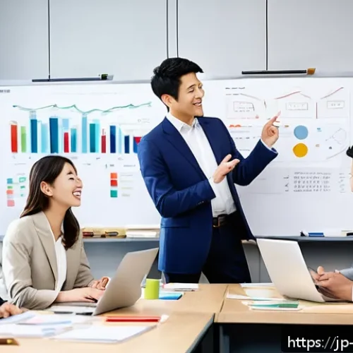 경영지도사와 경영 전환 컨설팅 사례 - A modern Japanese small-to-medium enterprise office scene showing diverse employees engaging in a li...
