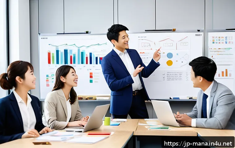 경영지도사와 경영 전환 컨설팅 사례 - A modern Japanese small-to-medium enterprise office scene showing diverse employees engaging in a li...